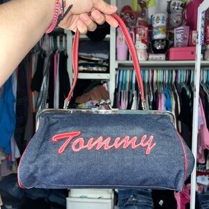 Denim Y2K Tommy Hilfiger clutch bag with red accents clutchbag